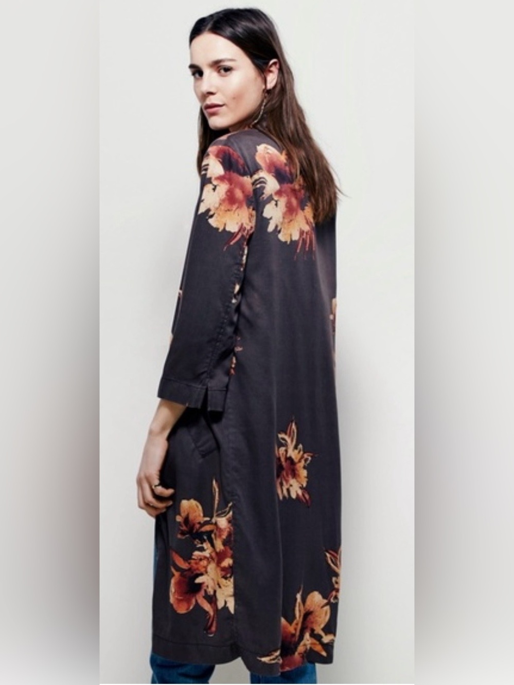 Free People Brown Rust Floral Kimono Duster